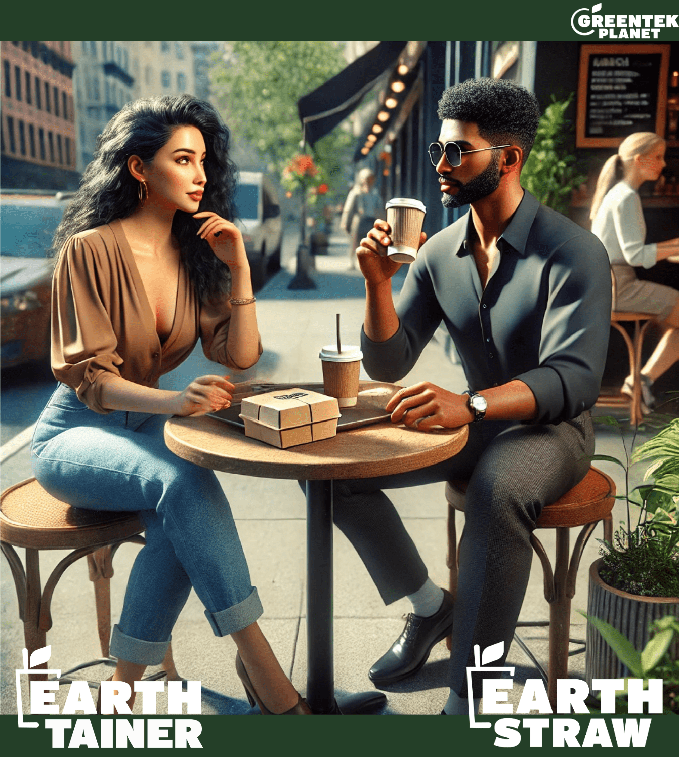 Young African American man and Persian woman enjoying a deep conversation over coffee and crullers on a sunny city corner. The table features sustainable packaging, including eco-friendly fiber coffee cups and takeout supplies, highlighting a commitment to environmentally conscious practices.