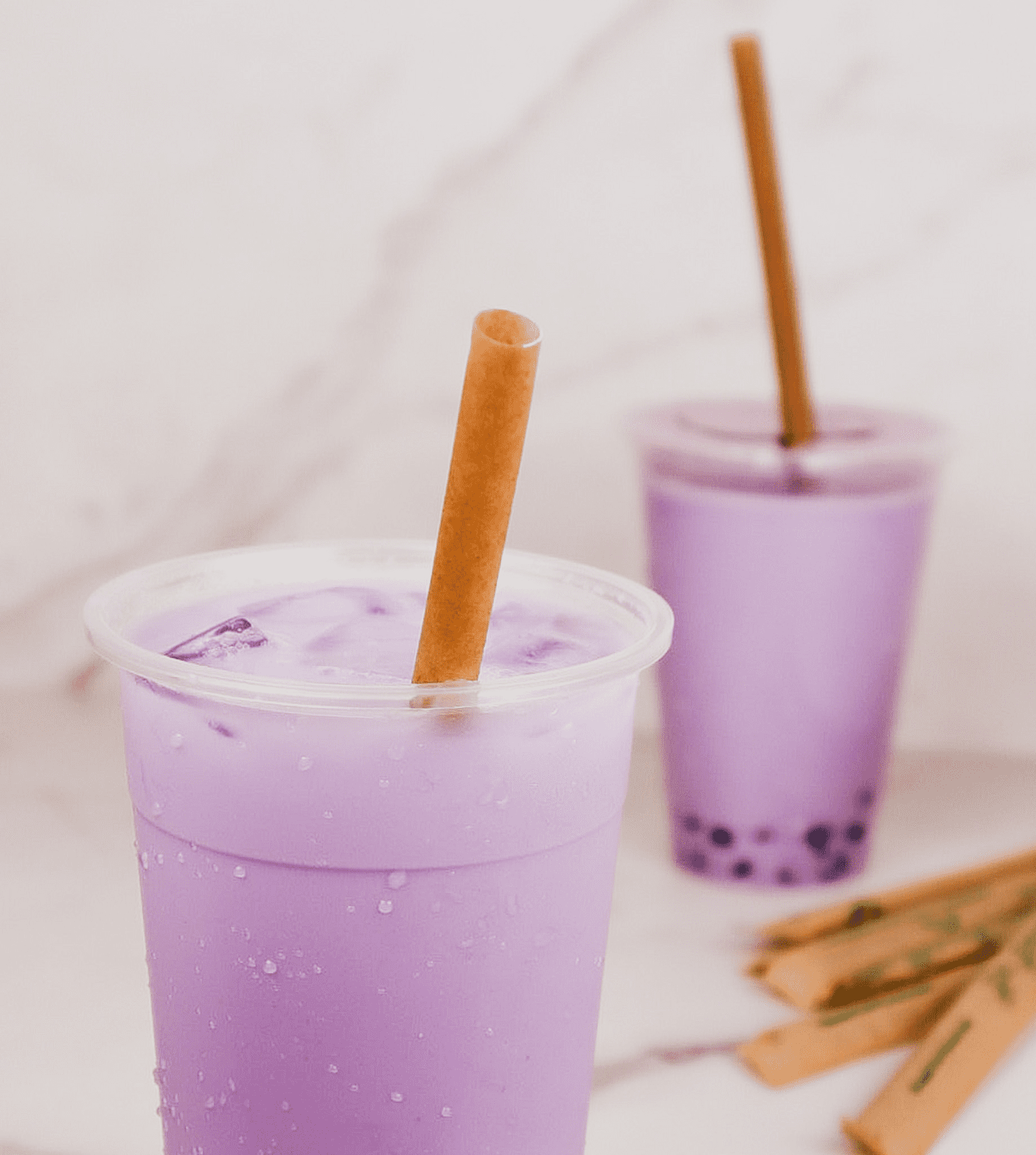 10-inch wide hemp boba straw in a purple bubble tea drink